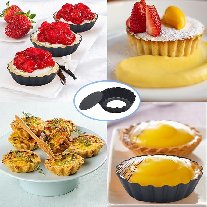12PCS Egg Tart Molds with Removable Bottom, 3 Inch Mini Quiche Pans Nonstick Fluted Tart Pans with Silicone Basting Pastry Brush for Pie, Quiches, Tartlets