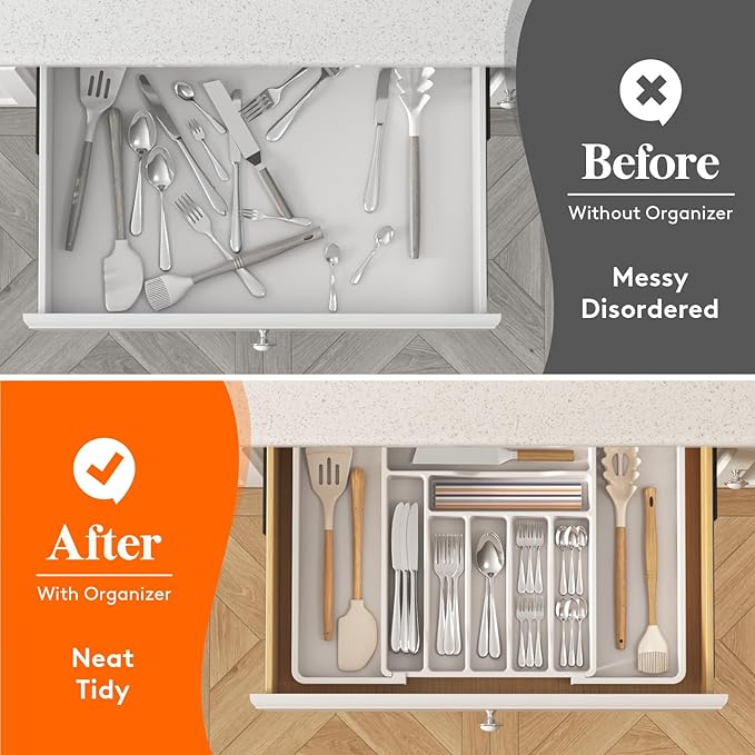 Lifewit Utensil Organizer for Kitchen Drawer, Expandable Cooking Silverware Tray, Adjustable Cutlery Flatware Holder, Plastic Spatula Tools Storage Divider, 13-22.4 x 15", White