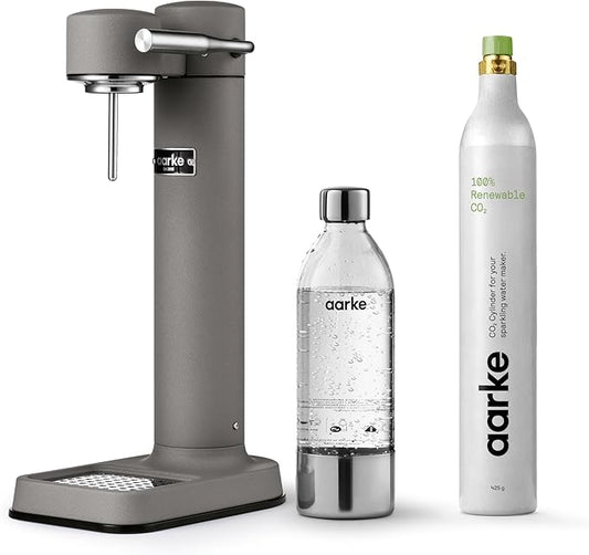 Aarke Carbonator lll with CO2 Cylinder, Sparkling & Carbonation Water Machine, Stainless Steel with PET BPA-Free Reusable Bottle Volume 1L/34 fl oz (Matte Grey)