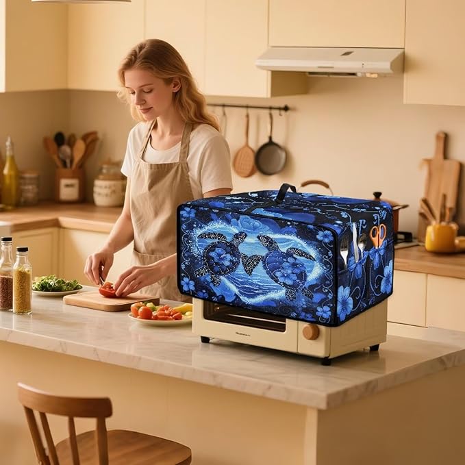 Convection Oven Cover Countertop Appliance Covers Stain-resistant Microwave Oven Protector for Kitchen Home Decor, M, Sea Turtle Love Hibiscus Flower Dark Blue