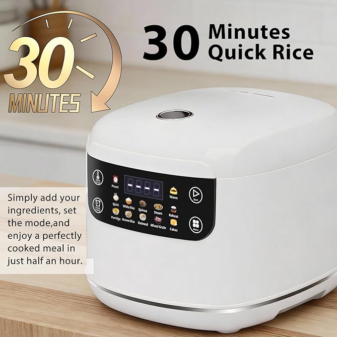 Portable Digital Rice Cooker, 6-Cup (Uncooked)/12-Cup (Cooked) Small Rice Maker with Steaming Basket, Mini Rice Cooker with 2L Removable Nonstick Inner Pot, 10 Menu Options, Auto Keep Warm, 24 Hour Delay Timer, White