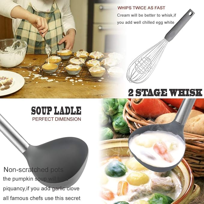 Silicone Kitchen Cooking Utensils Set with Stainless Steel Handle, Spatula Set Utensil Set, Cooking Utensil Set,Kitchen Tools Gadgets for Nonstick Cookware (11, Gray)