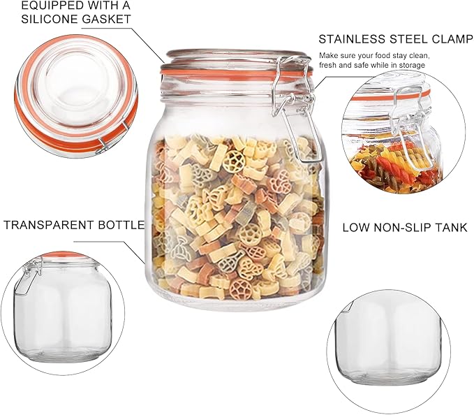 32 oz Glass Food Storage Jars with Airtight Lids,Clear Airtight Canister with Leak Proof Rubber Gasket,1000 ml Square Large Mason Jars with Clamp Lids for Canning,Cereal,Beans,6 Pack