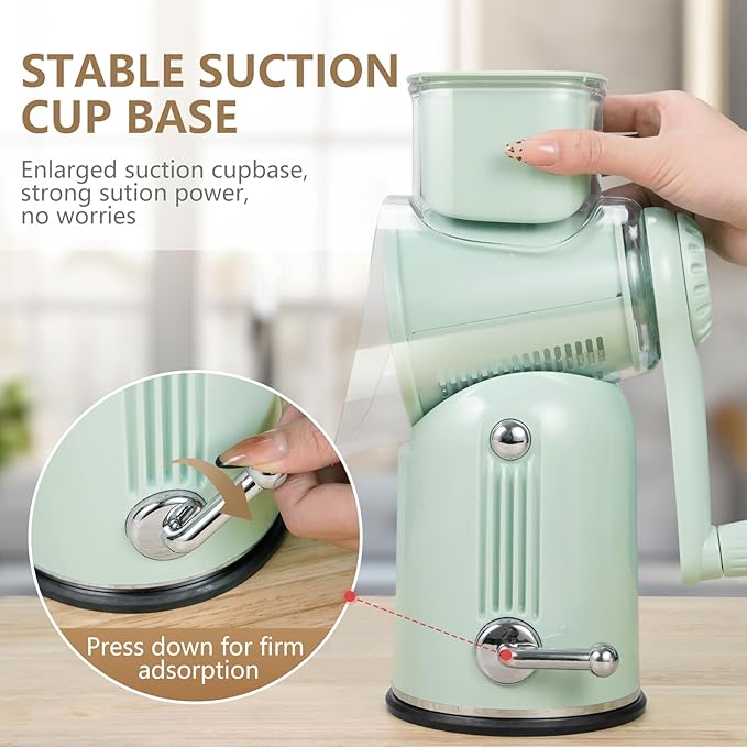 Rotary Cheese Grater with Handle Vegetable Shredder with 5 Interchangeable Blades, Kitchen Food Slicer and Chopper with Strong Suction Base for Fruit Vegetables Nuts with Blade Storage Box (Green)