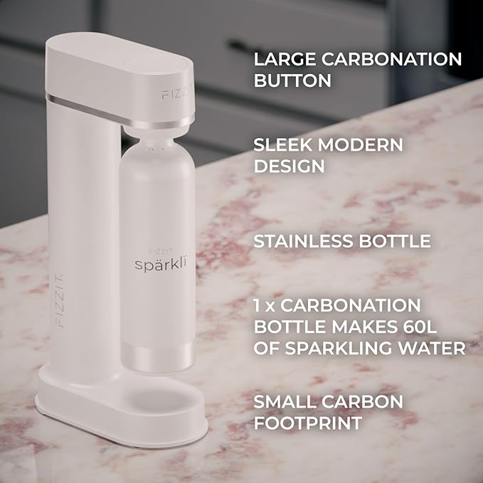 Stainless Steel White Sparkling Water and Soda Maker Machine with 3 White Stainless Steel 1L Re-Usable Bottle