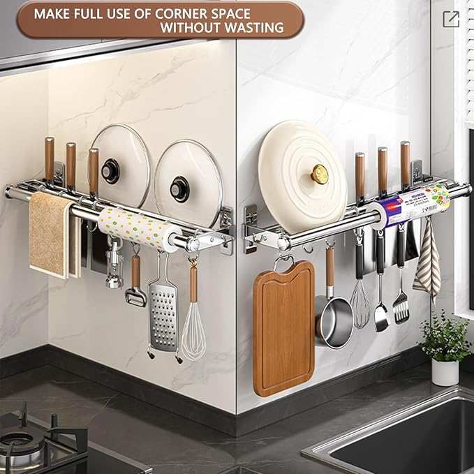 Hanging Wall Mount knife Wall Mount, Kitchen Organizer Storage Shelf for Utensils Spatula Spoon, Space-Saving Knife Rack with Hooks,Wall-Mounted Utensil Holder (Grey, 40CM+Single Pole+6Hooks)