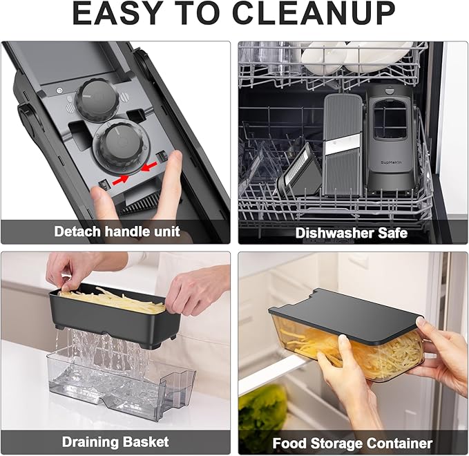 SupMaKin Upgrade Safe Mandoline Slicer,Multi Vegetable Chopper,Potato Slicer, Onion Chopper with Drain Basket Storage Container, Cheese Grater Kitchen Chopping Artifact (Black)