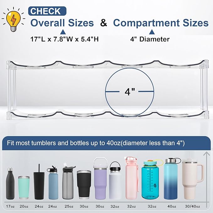 LARGER Compartment - 4 Tier Stackable Water Bottle Organizer Holder - for Stanley 40oz & Others' Large Tumbler - Clear Wine Rack, 16 Cup Bottle Holder for Cabinet Home Countertop Fridge Pantry Shelf