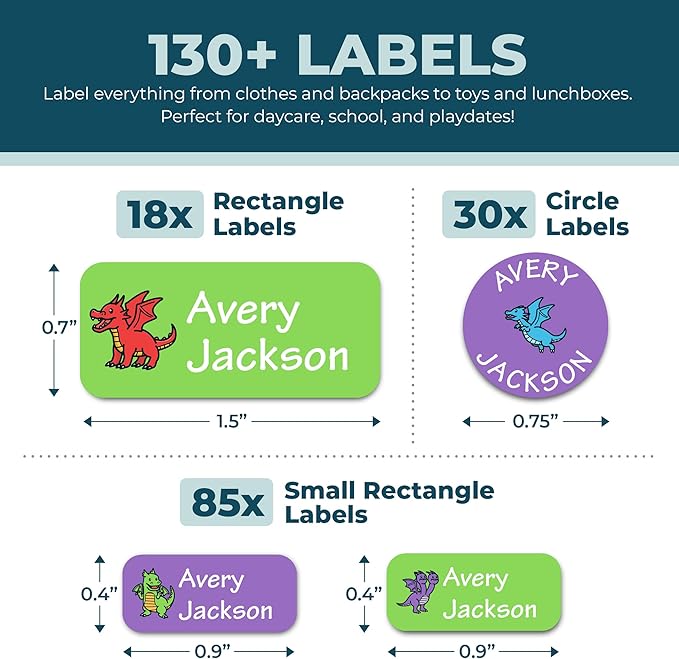 Personalized Daycare Name Labels for Kids (130 Labels) - Custom Waterproof Name Stickers for Clothing Tags, Water Bottles, Lunch Boxes and School Supplies (Dragons)