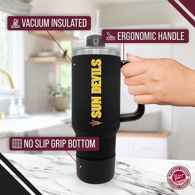Campus Colors College & University 40 oz Travel Tumbler With Handle - Dual Option Lid With Straw - Vacuum Insulated Stainless Steel (Arizona State Sun Devils - Black)