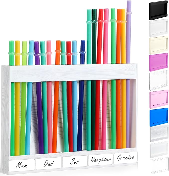 Qinyoung Acrylic Straw Holder for Cabinet Door with Double Sided Adhesive Tape Reusable Straw Organizer Tumbler Storage Kitchen Accessories Container for Counter Cupboard(Wood Texture,Large,White)