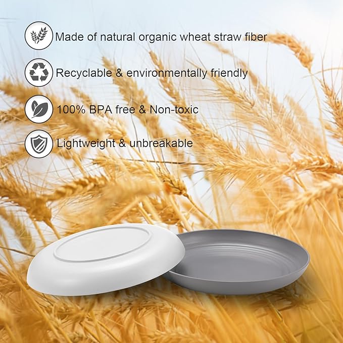 12 Pcs Unbreakable Deep Dinner Plates Set, 10 inch Reusable Plastic Wheat Straw Plates, Microwave and Dishwasher Safe Plate for Kitchen, Lightweight Plate for Dessert, BPA Free, Gray