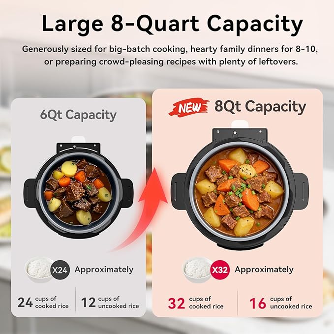 Carori 8 Qt Electric Pressure Cooker, 9-in-1 Multi-Cooker 1000W with IMD Touchscreen, Non-Stick Inner Pot, For Pressure/Slow/Rice Cooking, Steaming, Sauté & Keep Warm, Silver