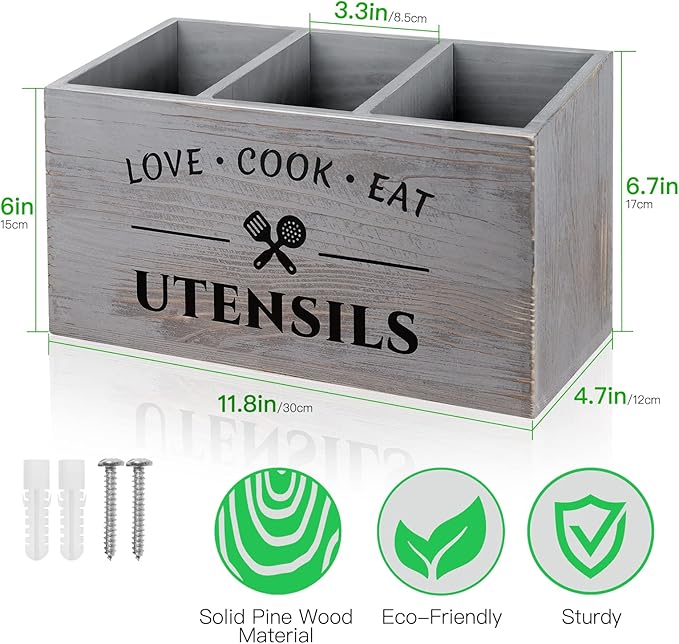 MINCORD Utensil Holder with 3 Compartments, Rustic Wood Utensil Caddy Crocks for Kitchen Counter, Farmhouse Flatware Organizer Storage Box for Silverware Fork Spoon Spatula