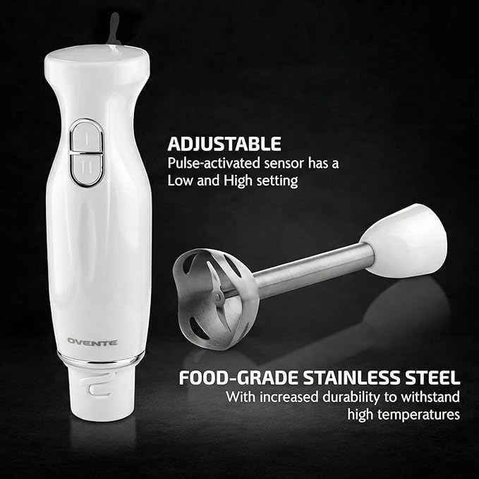 OVENTE Immersion Hand Blender, 300W Electric Handheld Stick Mixer with 2 Mixing Speeds and Stainless Steel Blades for Smoothies, Purees & Baby Food, White HS560W