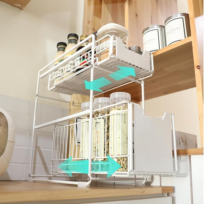 Takywep 2-Tier Pull Out Cabinet Organizer, Heavy Duty Slide Out Pantry Shelves Drawer Storage with Adhesive Film, No-Drill Sliding Mesh Basket for Kitchen, Bathroom, Home