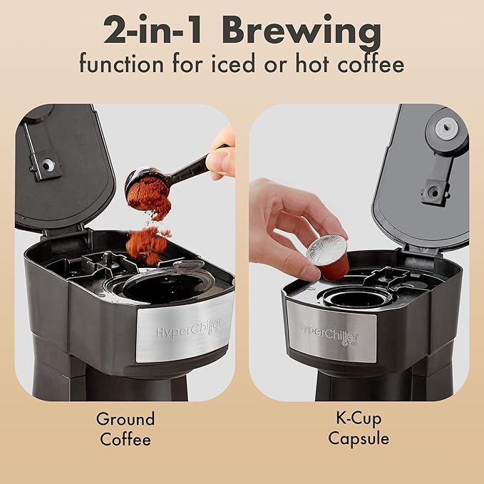 Elite Gourmet HyperChiller EHC210N Iced/Hot Coffee Maker, K-Cup or Coffee Grounds, 8, 10 or 12oz Pours, Removable K-Cup Holder and Reusable Mesh Filter, Drip tray, Black/Stainless-Steel