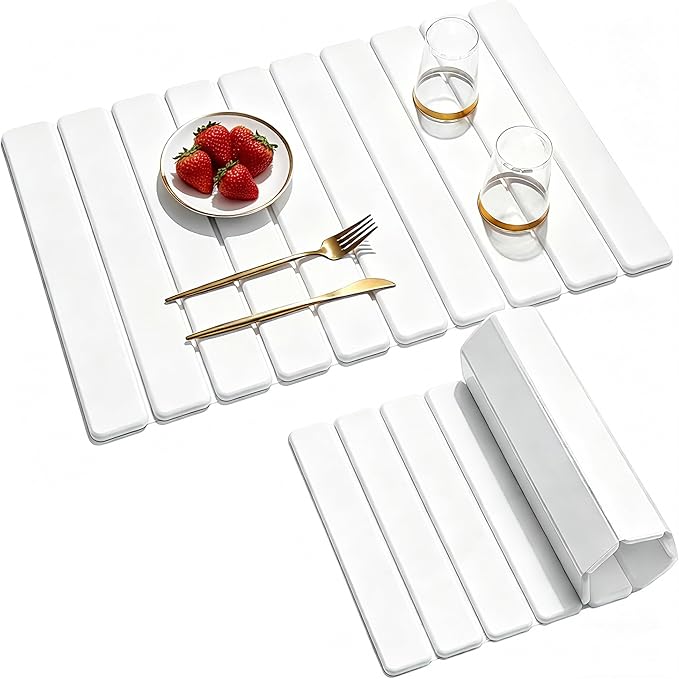 24"x16" Diatomaceous Earth Dish Drying Mat - Quick Dry Stone Pad, Collapsible White Mat with 10-Leaf Design for Granite Counters, Dishes, Cups & Bottles