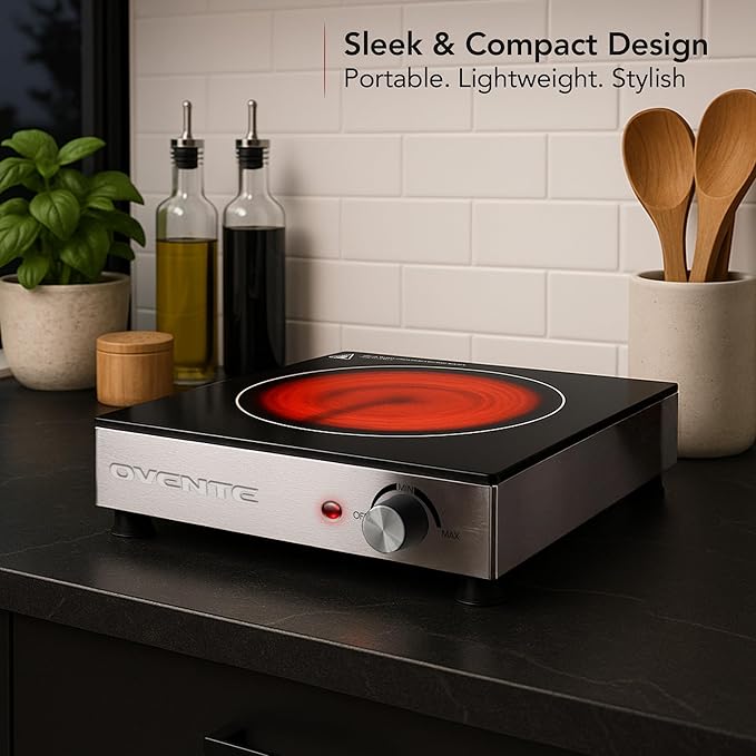 OVENTE Infrared Ceramic Single Burner, 1200W Electric Countertop Hot Plate with Black Crystalline Glass, Portable Stainless Steel Cooktop for Home, Office, or Dorm Use, Black BGI301GB