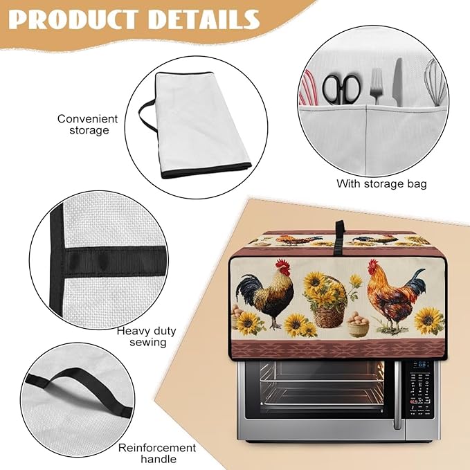 Air Fryer Toaster Oven Dust Cover Washable Convection Oven Cover Farmhouse Kitchen Appliance Protector Decorations Countertop Accessories, L, Rooster Chicken Eggs Sunflower