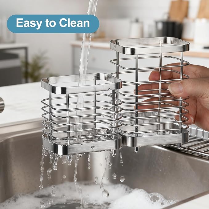 Utensil Holder, Stainless Steel Utensil Drying Rack for Kitchen Counter, Silverware Cutlery Flatware Holder Forks, Knives, Spoons, Chopsticks Organizer (Silver)