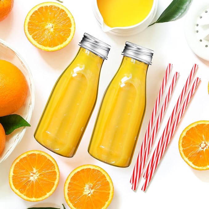 Irenare 40 Sets Plastic Small Milk Bottles with Straws and Metal Lids Clear Plastic Bottle for Dairy Milk Party Bottle for Milk Juices Shakes Smoothies, 40 Bottles and 40 Straws (Silver,8 oz)