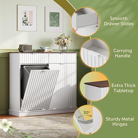WLIVE 2 * 10 Gallon Double Tilt Out Trash Can Cabinet, Hidden Trash Can Cabinet with Storage Drawers,Food/Clothes Storage Pet Proof Wooden Trash bin Cabinet for Kitchen, Home, Laundry (White)