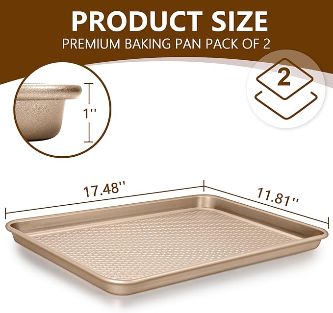 Wildone 2 Pack Half Sheet Baking Pans, Honeycomb Embossed Nonstick Baking Sheet 17.5x12 In, Thicker Carbon Steel Cookie Sheet, Even Heating & Warp Resistant, Champagne Gold