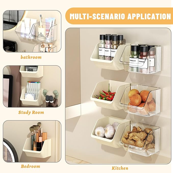 3 Pack Wall Mounted Storage Organizer Bins, Floating Shelves Fridge Organizer Storage Bins, Stackable Organizer Basket for Wall, Refrigerator, Kitchen, Bathroom, Countertops, Pantry (White)