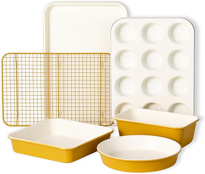 CAROTE 6-Piece Ceramic Baking Pans Set, Aluminized Steel Bakeware Sets, Toxin-Free Nonstick Stackable Oven Pans with Cookie Sheet, Muffin Pan, Loaf Pan, Round & Square Cake Pan, Cooling Rack