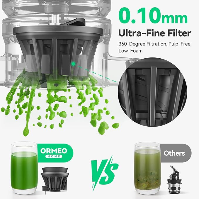 Cold Press Juicer, ORMEO HOME Masticating Juicer Machines with 5.0"Large Feed Chute Fit Whole Vegetables & Fruits, with Pulp Seperation, 99.6% Juice Purity, Quiet Motor, Easy to Clean,BPA Free
