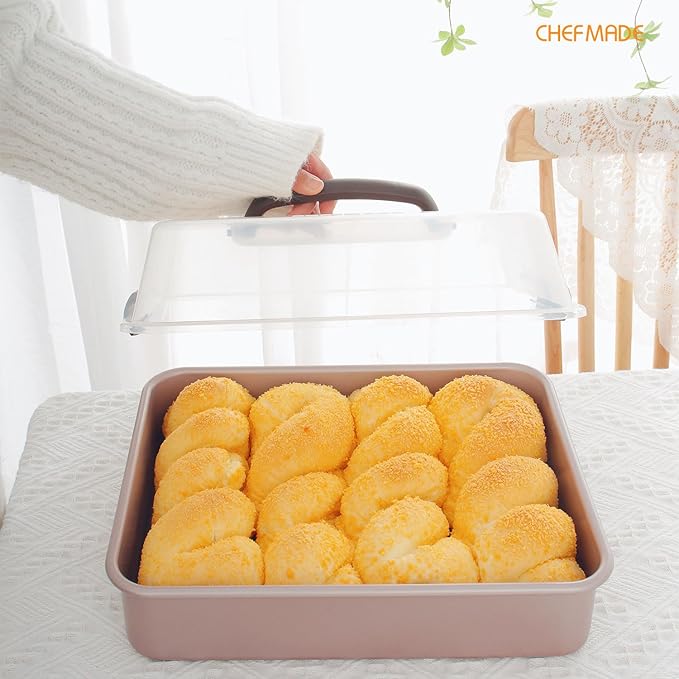 CHEFMADE Roasting Pan with Rack and Lid, 13-Inch Non-Stick Rectangular Deep Dish Oven-BBQ Bakeware for Oven Baking 9" x 13" x 2.4" (Champagne Gold)