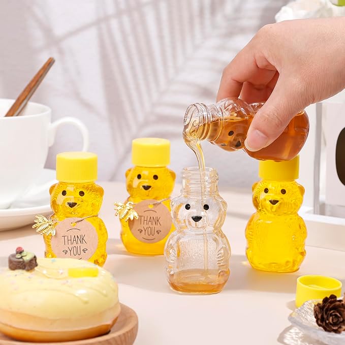 50 Pack Plastic Honey Bear Bottles Jars, 2 oz Honey Bear Cup with Lids Mini Bear Shape Empty Honey Bear Bottle Honey Containers Bulk Jam Juice Candy for Wedding Gifts Baby Shower Favors