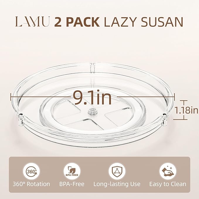 LAMU 10'' Wood Lazy Susan Turntable and 2 Pack Clear Lazy Susan Organizer