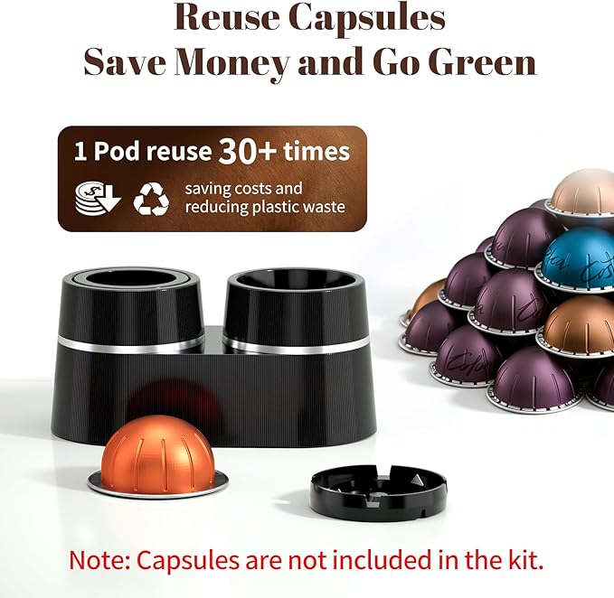 Reusable Coffee Pods Kit Compatible for Nespresso Vertuoline Pods, Refill Dual Pods Kit with Upgrade Lid Opener, 52 Pcs Aluminum Foil Seals Lids for Nespresso VertuoPlus Espresso Machine(No pods)