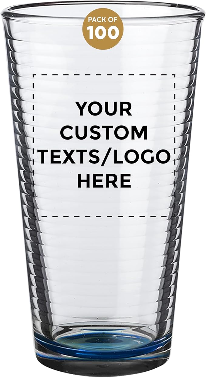 Custom Spiral Pint Glass 16 oz. Set of 100, Personalized Bulk Pack - Beer Glasses, Heavy Duty Drinkware - Blue