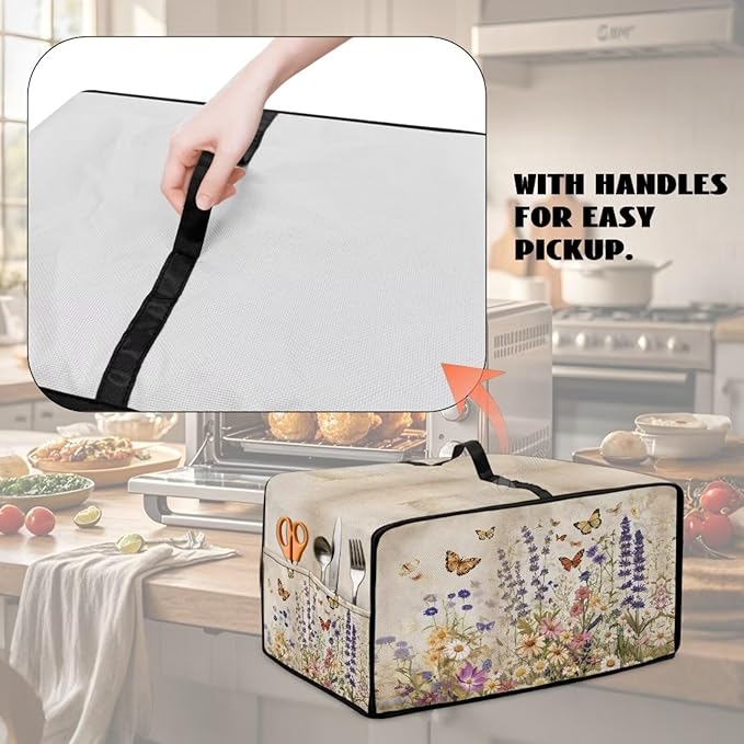 Toaster Oven Cover Washable Small Kitchen Appliance Dust Cover with Pockets, for Air Fryer Toaster Ovens, Microwaves, S, 14.5 x 18.5 x 9 Inches, Retro Floral Butterfly Print