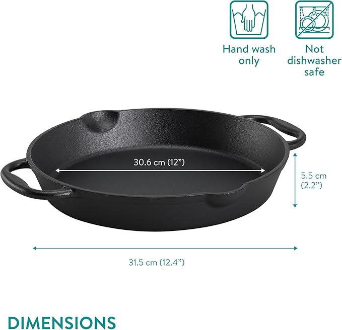 Navaris Cast Iron Skillet - 12"(30cm) Pre-Seasoned Frying Pan with Double Handles, Pour Spouts, for Oven, Stovetop, Grill & Campfire, Non-Toxic, Heavy-Duty, Even-Heating Cookware