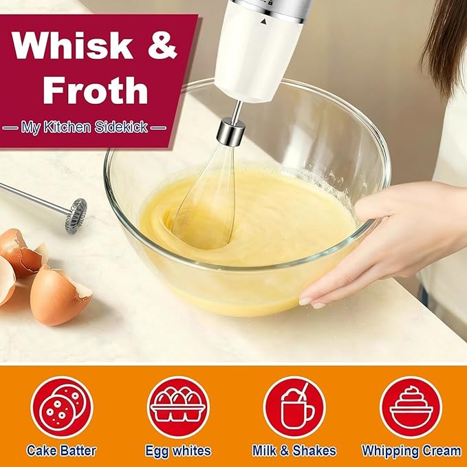 Upgraded 1100W 5-in-1 Immersion Hand Blender – 30 Speed Settings, Up to 15,500 RPM, Handheld with Milk Frother & Food Processor, White