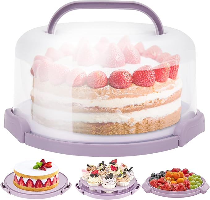 Ohuhu Cake Holder, BPA-Free Cake Carrier with Lid and Handle Cake Transport Container Portable Cake Keeper Two Sided Base for Pies Cookies Nuts Fruit etc - Suitable for 10 inch Cake Gifts