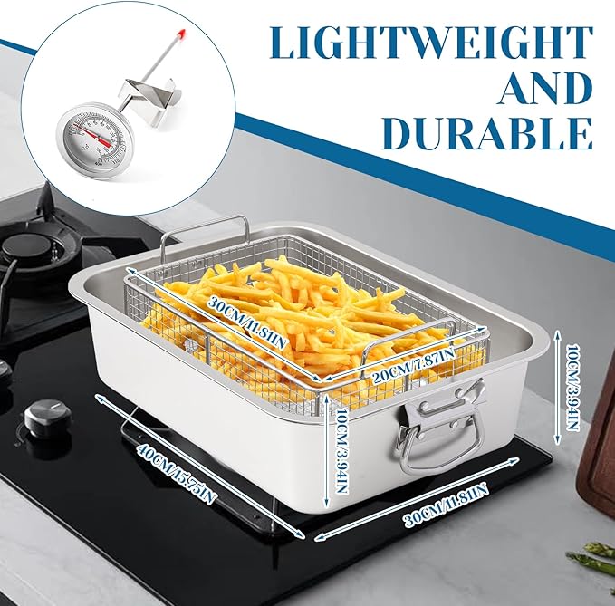 Teenyyou 10 Qt Stove Top Deep Fryer with Basket 304 Stainless Steel Deep Fryer Pan Chicken Frying Pot with Thermometer for Outdoor Kitchen Cooking French Fries Fish