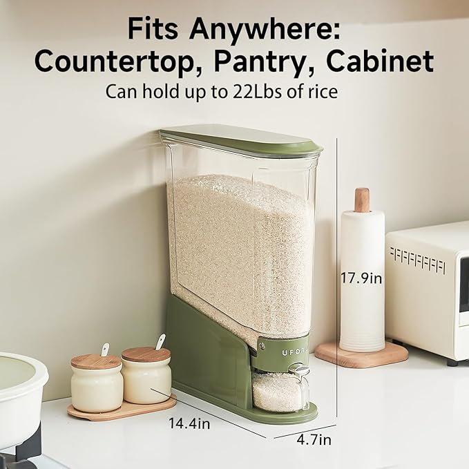 Rice Dispenser 22Lbs, Slim Rice Storage Container for Small Space, BPA-Free Clear Dry Food Dispenser Sealed Moisture Proof, Grain&Cereal Storage Bucket for Kitchen Pantry Household,Green