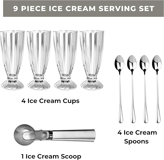 9-Piece Ice Cream Serving Set - 4 Cups, 4 Spoons, 1 Scoop for Sundaes, Milkshakes, Desserts - Silver, Large