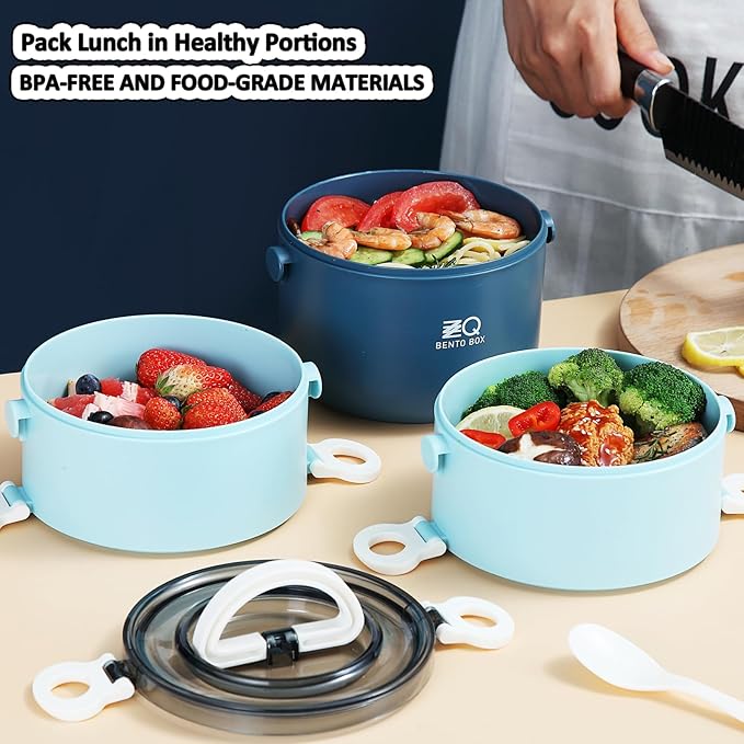 Bento Box Adult with Insulated Lunch Bag & Utensils, 81oz Large Capacity Leakproof 3 Stackable Lunch Box Containers for Adults Men Women Dining Out, BPA-Free & Microwave Safe Bento Lunch Box, Blue