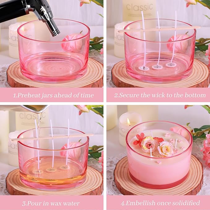 CONNOO 24oz Pink Thick Glass Candle Jars 6 Pack, Multi-Wick Wide Mouth Empty Bulk Candle Containers for Making Candles with Airtight Bamboo Lids, Sticky Warning Labels, Wick kit- Dishwasher Safe