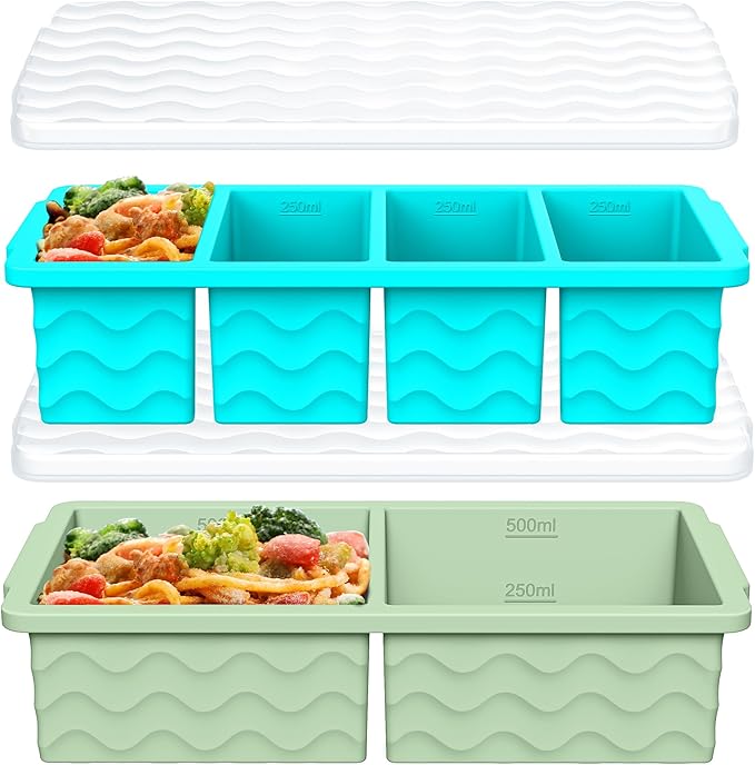 Silicone Freezer Molds for Soup with Lid, 1-Cup & 2-Cup Large Ice Cube Trays Food Storage Containers for Meal Prep, Freeze 500mL/250mL/125mL Portions – 2 Pack