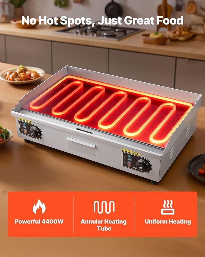 VEVOR Commercial Electric Griddle, 28.54 x 15.75 in, 2800W, 122-570°F Adjustable Temp Control, Stainless Steel, Half Grooved Half Flat, with 2 Spatulas, 2 Brushes, and 4 Foot Pads, for Steak(NO PLUG)