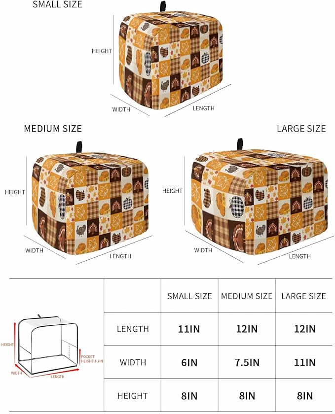 Orange Plaid Fall Toaster Cover 2 Slice, Thanksgiving Pumpkins Turkey Dustproof Bakeware Oven Protector with Top Hook, Maple Leaf Waterproof Small Kitchen Appliance Toasters Dust Cover, 12"x7.5"x8"
