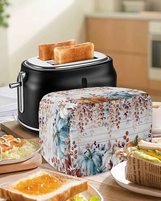 Orange Blue Pumpkins Fall Toaster Cover 2 Slice, Thanksgiving Eucalyptus Dustproof Bakeware Oven Protector with Top Hook, Gray Wooden Waterproof Small Kitchen Appliance Toasters Dust Cover, 11"x6"x8"