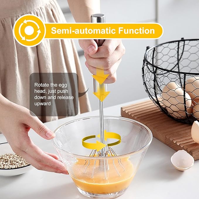 Egg Beater, Hand Easy Whisk Stainless Steel Hand Push Egg Beater Manual Mixer Blender for Home Kitchen Tool Whisking, Beating & Stirring (10 Inch)